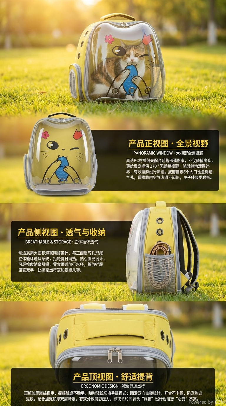 卡通猫狗图案全景透明双肩宠物包透气大容量外出便携手提猫咪背包宠物双肩包详情2