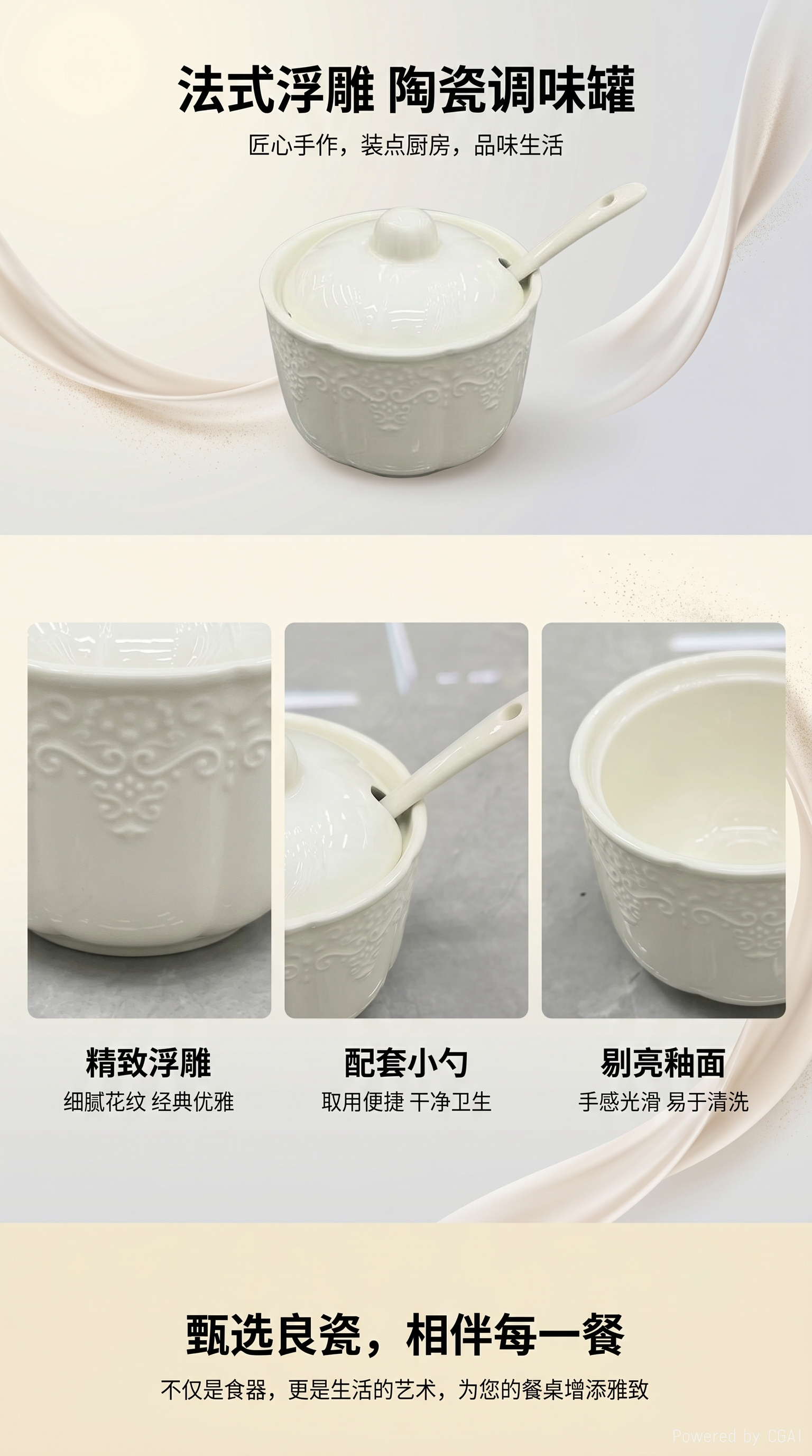 北欧浮雕陶瓷调味罐套装家用厨房盐罐调料盒带盖竹托盘收纳辣椒罐详情1
