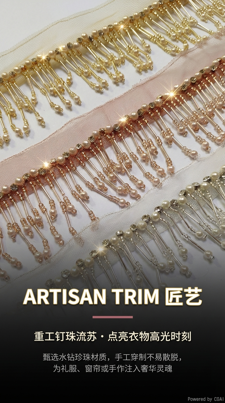 新款网布镶钻珍珠流苏 服装辅料手工钉珠管蕾丝吊坠排须花边详情1