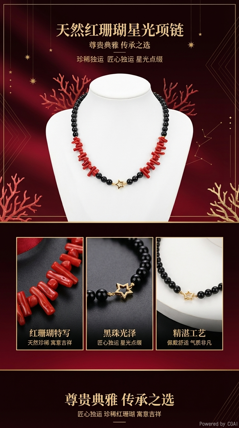 天然红珊瑚黑珍珠项链小众多宝 复古做旧金饰个性锁骨链详情1