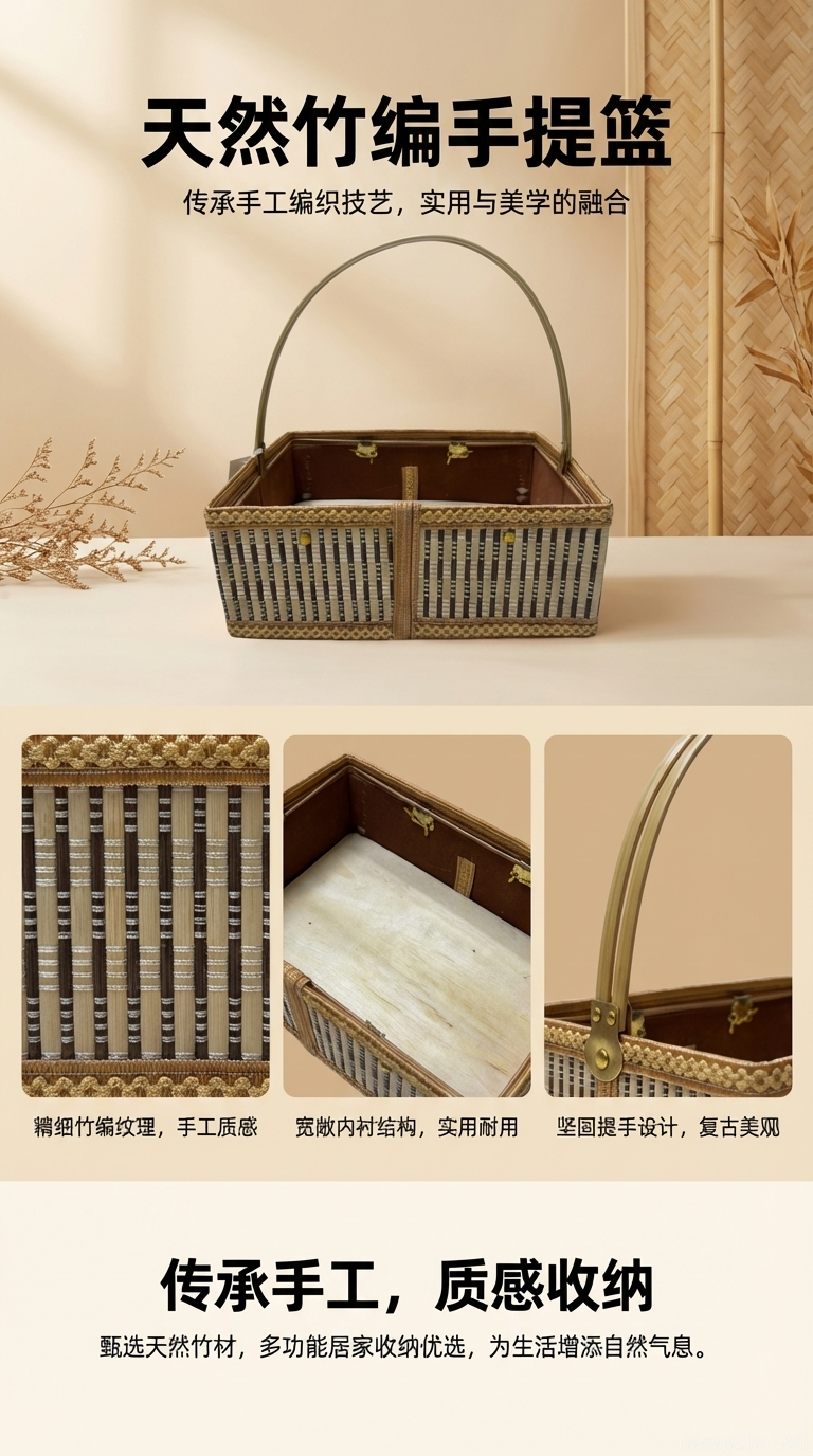 竹席编织可折叠收纳篮置物篮收纳筐脏衣篓收纳盒家用储物篮商超礼品包装篮伴手礼篮详情1