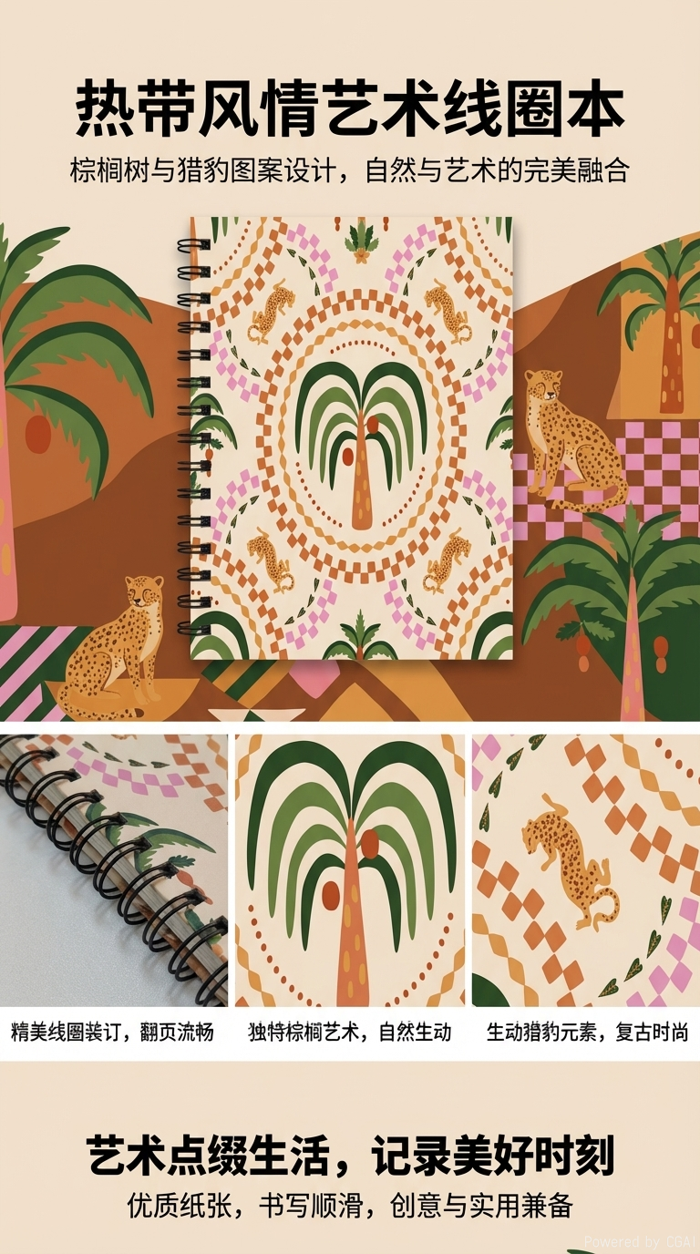 Donghu Paper Products A5 Exotic Style Palm Leopard Print Notebook, Retro Ethnic Style Planner Notebook, Essential for Artistic Youth, Spiral A5 Creative Notebook pic 1