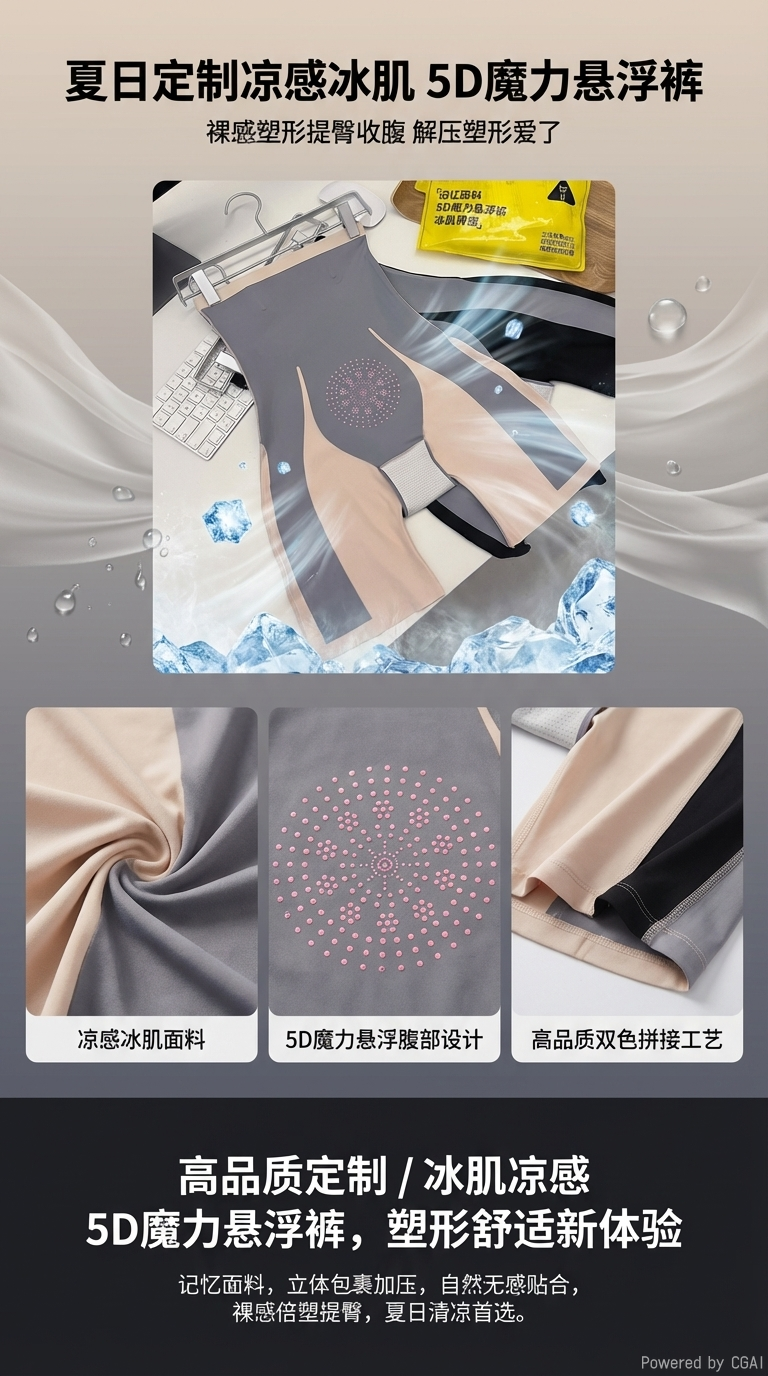 灰色5D魔力悬浮裤夏日定制凉感冰肌面料裸感塑形提臀收腹解压塑形鲨鱼裤速干短裤黑色连裤袜详情1