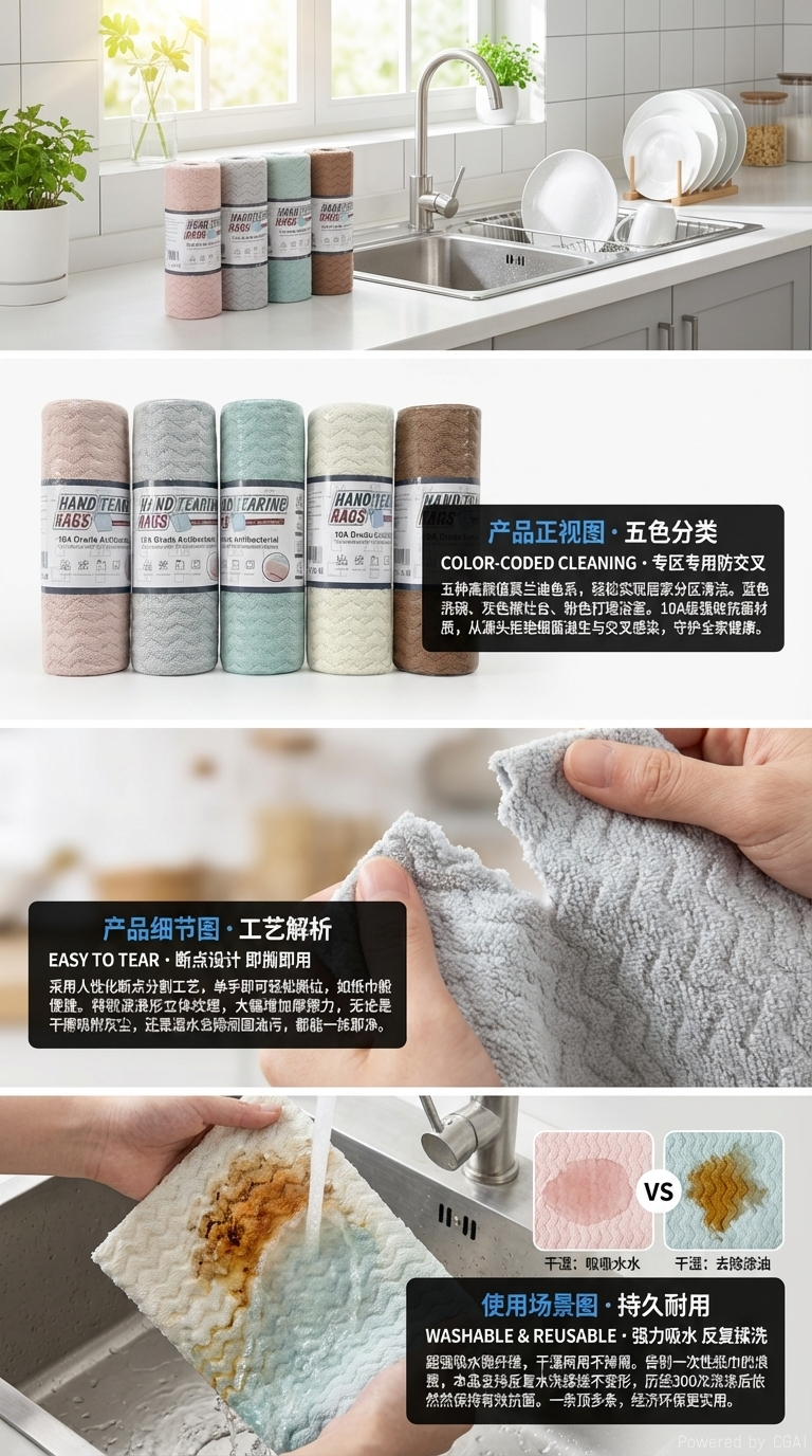 五卷抗菌手撕抹布粉色灰色浅绿米白棕色10A级抗菌一次抹巾懒人抹布详情2