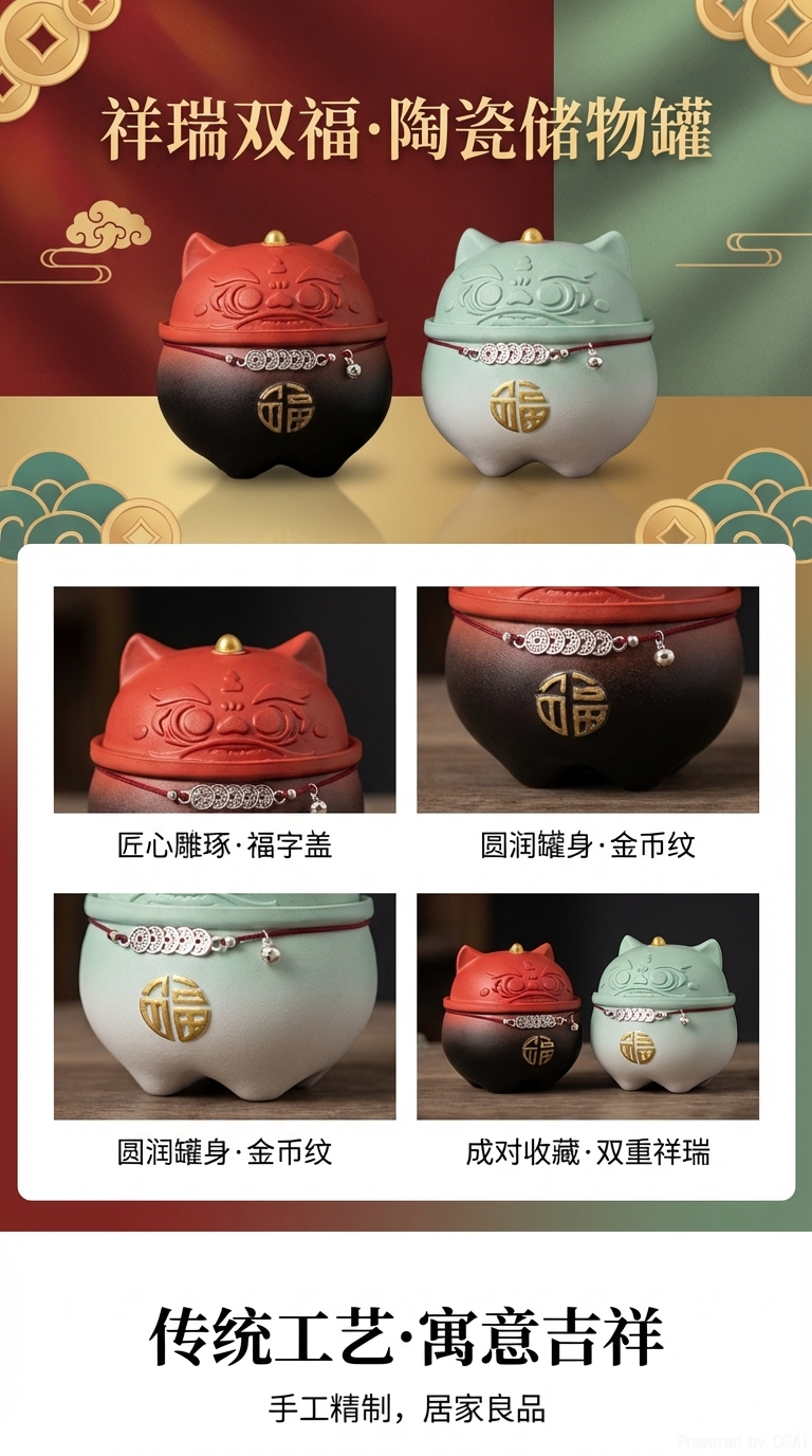 国潮招财猫陶瓷摆件醒狮太阳能招财猫招手兔子详情1