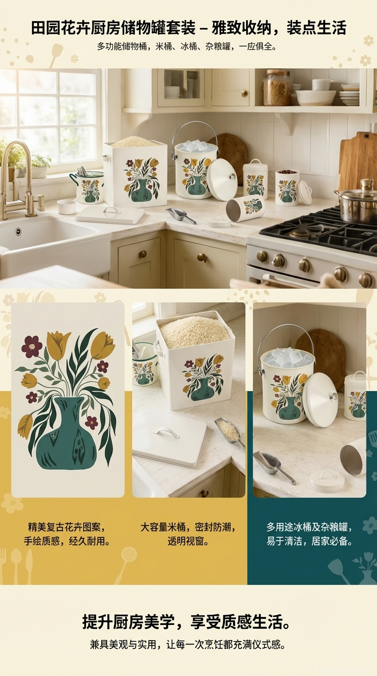 花卉图案密封储物罐PET咖啡罐 米桶 冰桶详情1