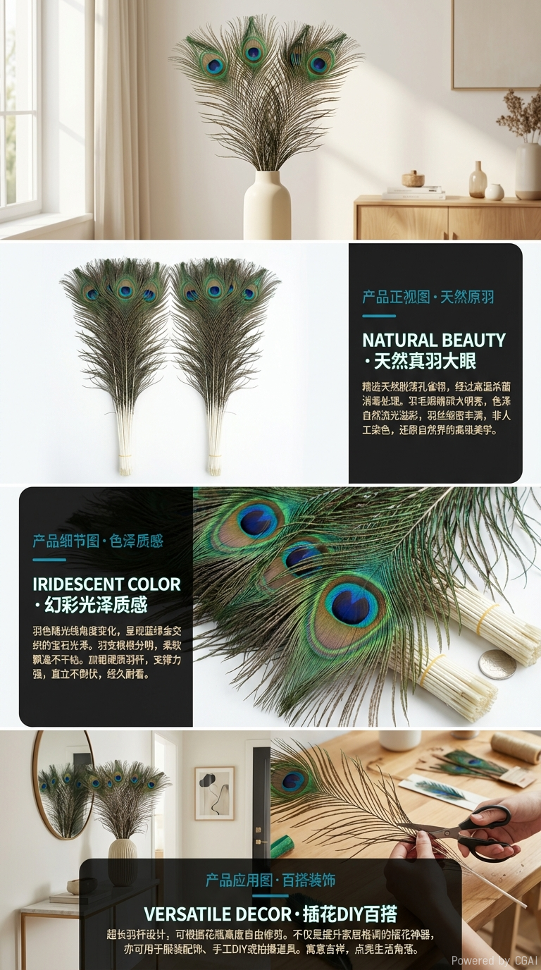 天然孔雀毛真孔雀尾翎毛插花装饰羽毛家居装饰详情2