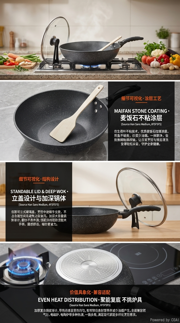 韩国麦饭石不粘锅家用明火燃气灶具通用不粘锅具无油烟平底煎锅详情2