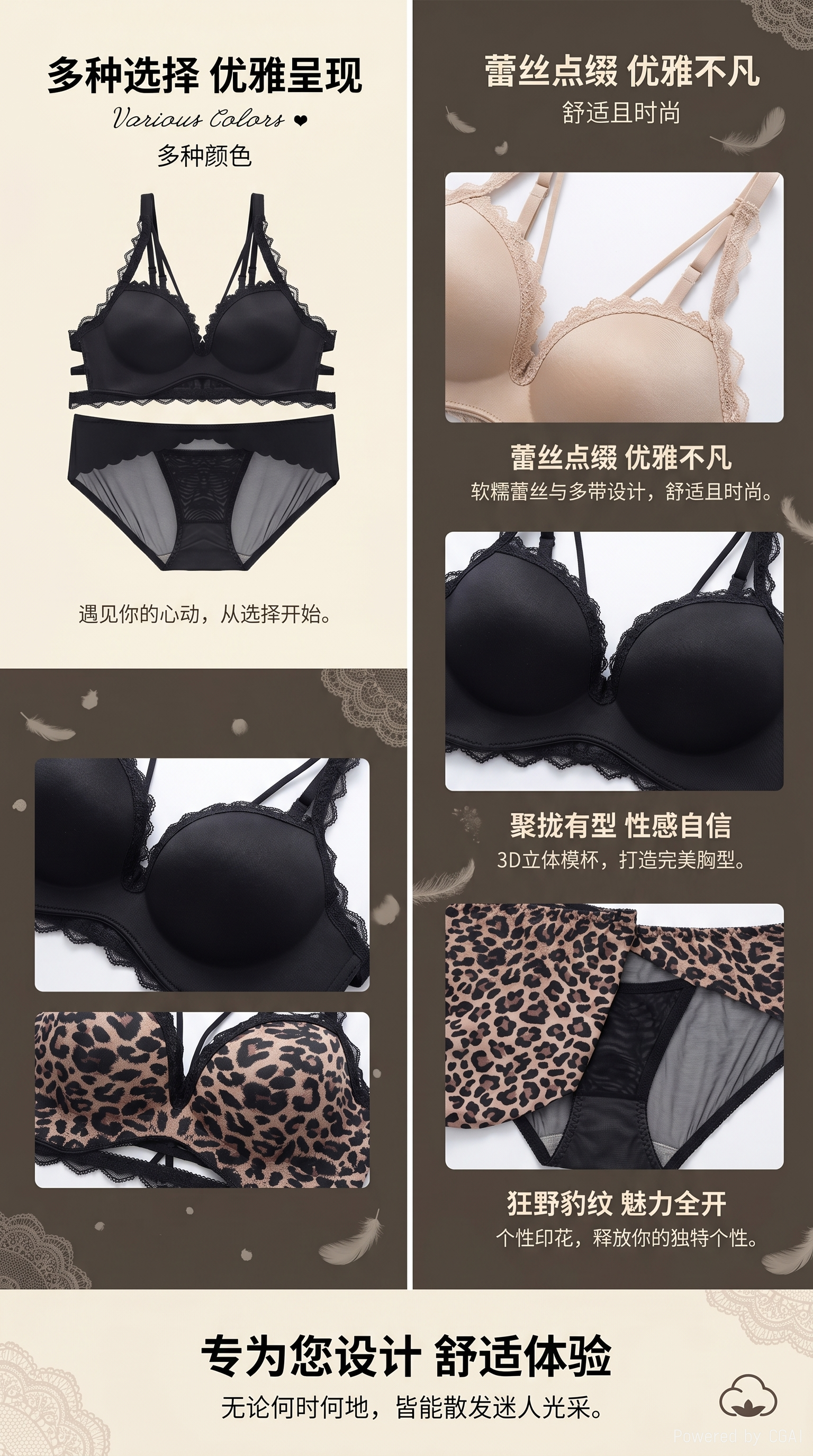 Multicolor conjunto de lencería color de piel negro estampado leopardo sujetador bragas combo pic 1