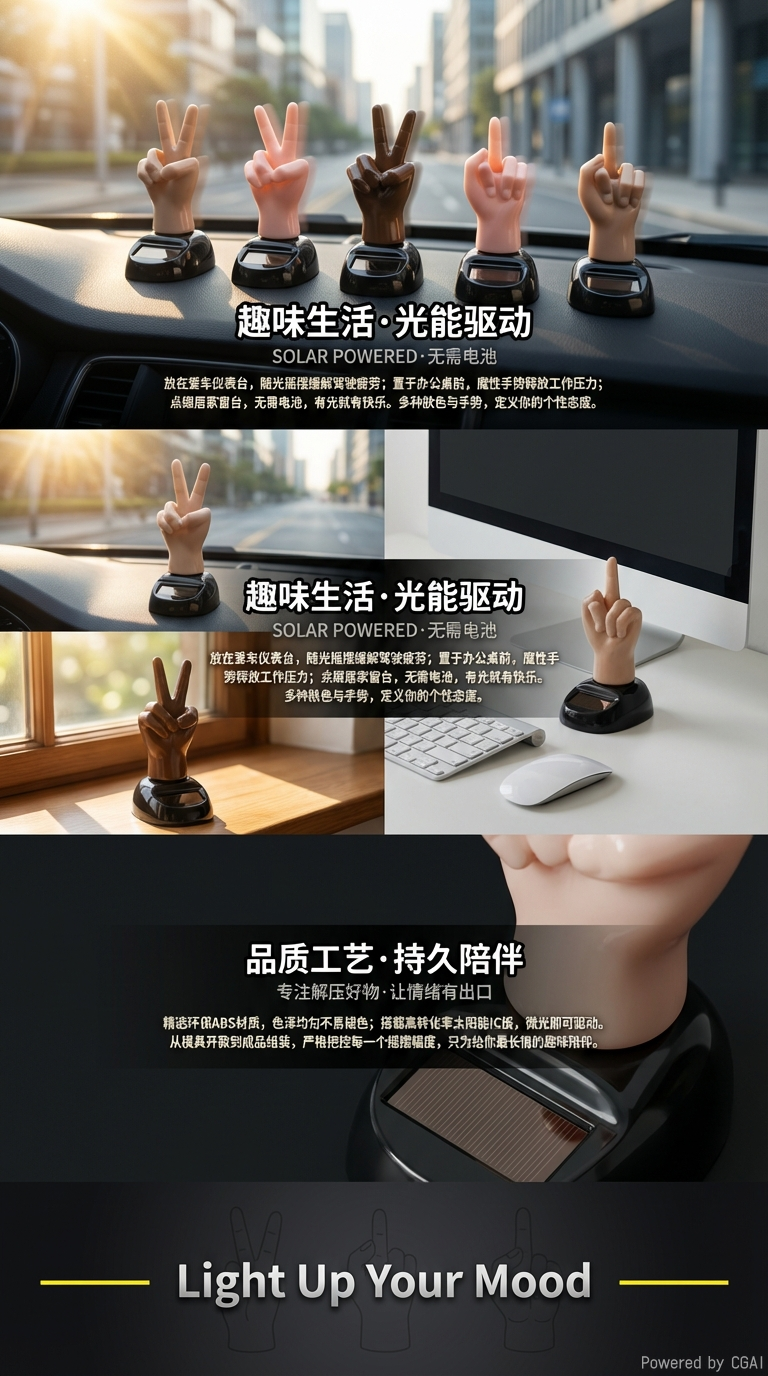 创意太阳能手指比耶感应摇摆玩具车内装饰品摆件详情3