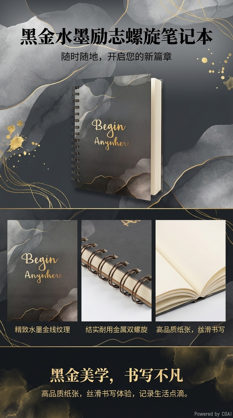 Donghu Paper Products A5 Black Gold Ink Hot Stamping Coil Notebook, high-end and inspiring notebook, student office notebook pic 1