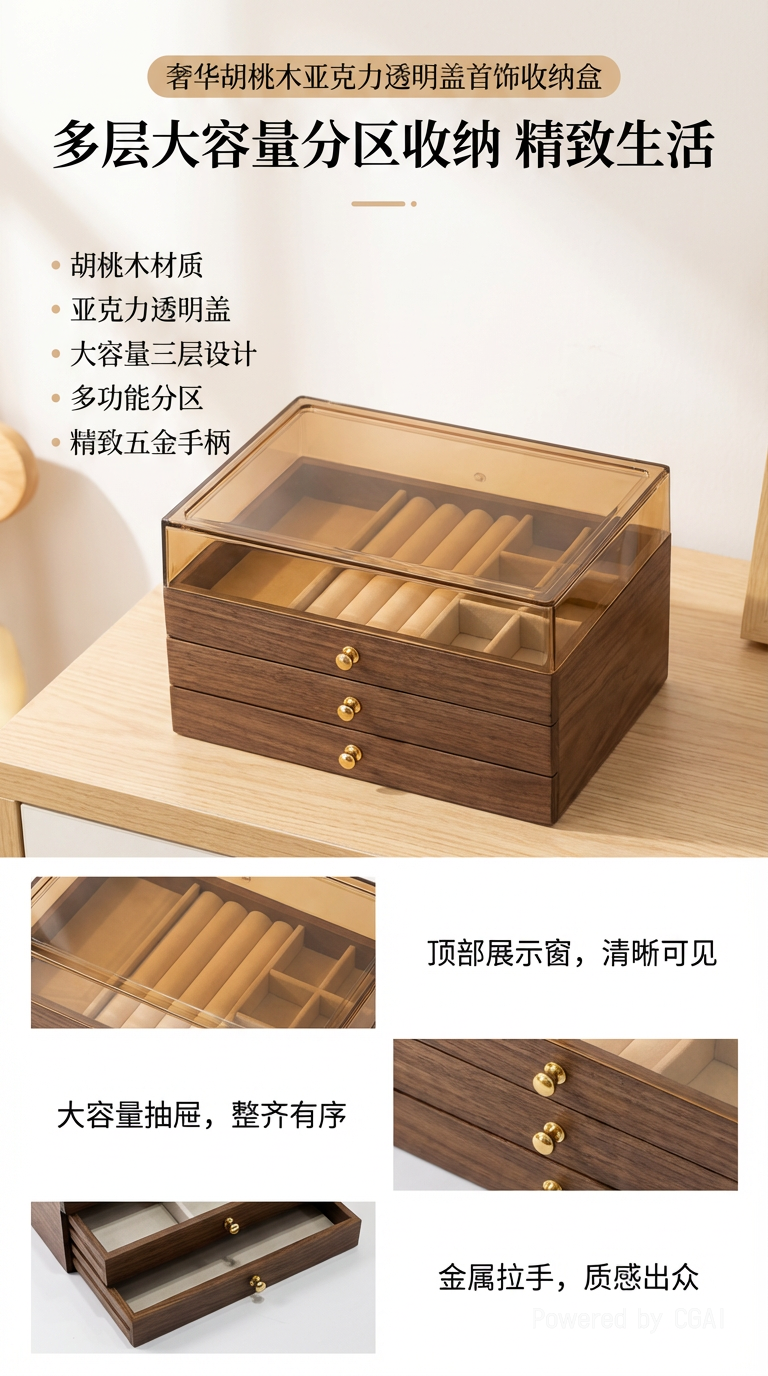 Ancient-style walnut-colored jewelry box with lock, dust-proof, exquisite wooden retro drawer-style solid wood jewelry storage box pic 1