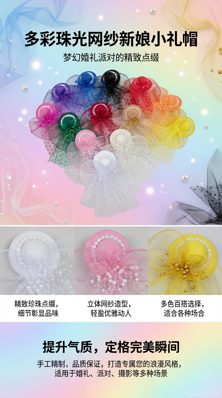 1pcs网状面纱网纱珍珠头饰小礼帽适用于派对万圣节圣诞节婚礼德比帽茶会配饰教堂帽圣诞老人礼物圣诞发夹发饰帽带夹子详情1