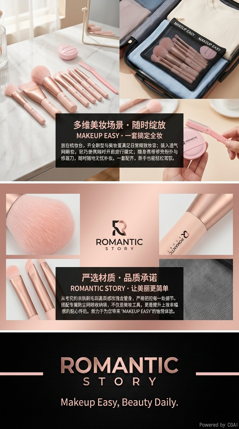 Romance Pink butterfly color box packaging mini portable 8-tube brush + cotton candy powder puff + eyebrow knife + storage bag pic 2
