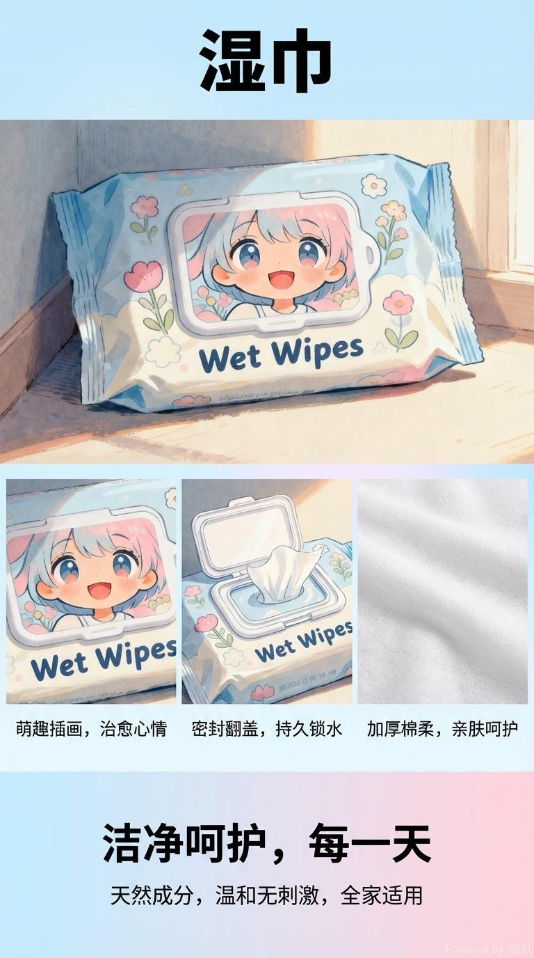 婴儿动漫可爱少女湿巾80抽 宝宝专用去污清洁湿纸巾详情1