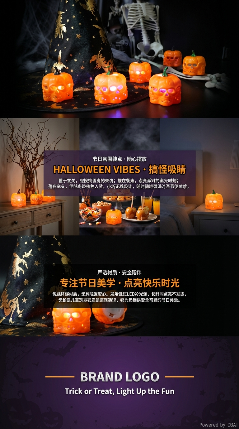 新款万圣节七彩发光南瓜镂空蜡烛气氛布置道具桌摆详情3