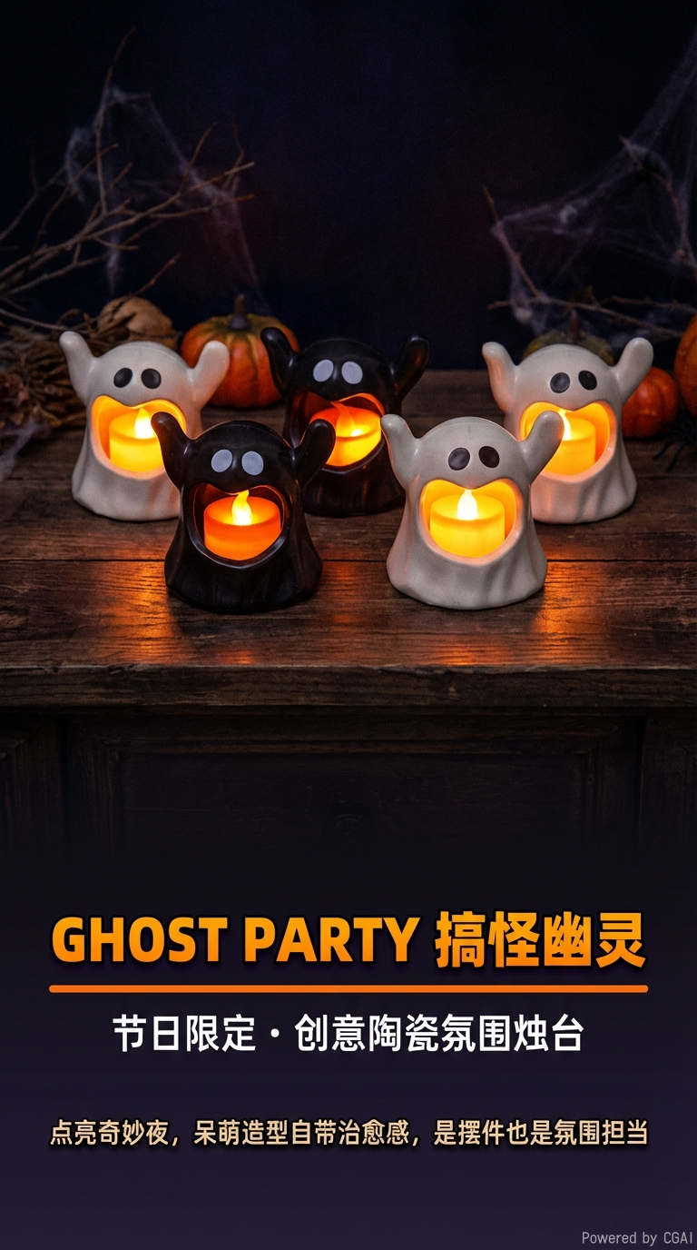 万圣节夜南瓜灯幽灵蜡烛灯桌面摆件店铺氛围场景布置装饰道具摆件详情1