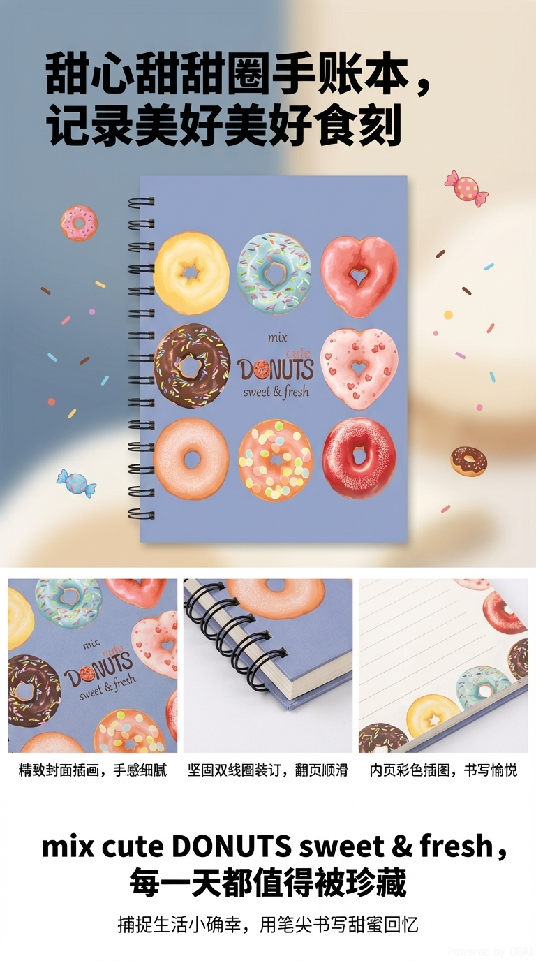 Donghu Paper Products A5 light purple background donut pattern coil notebook, cute student style notepad pic 1