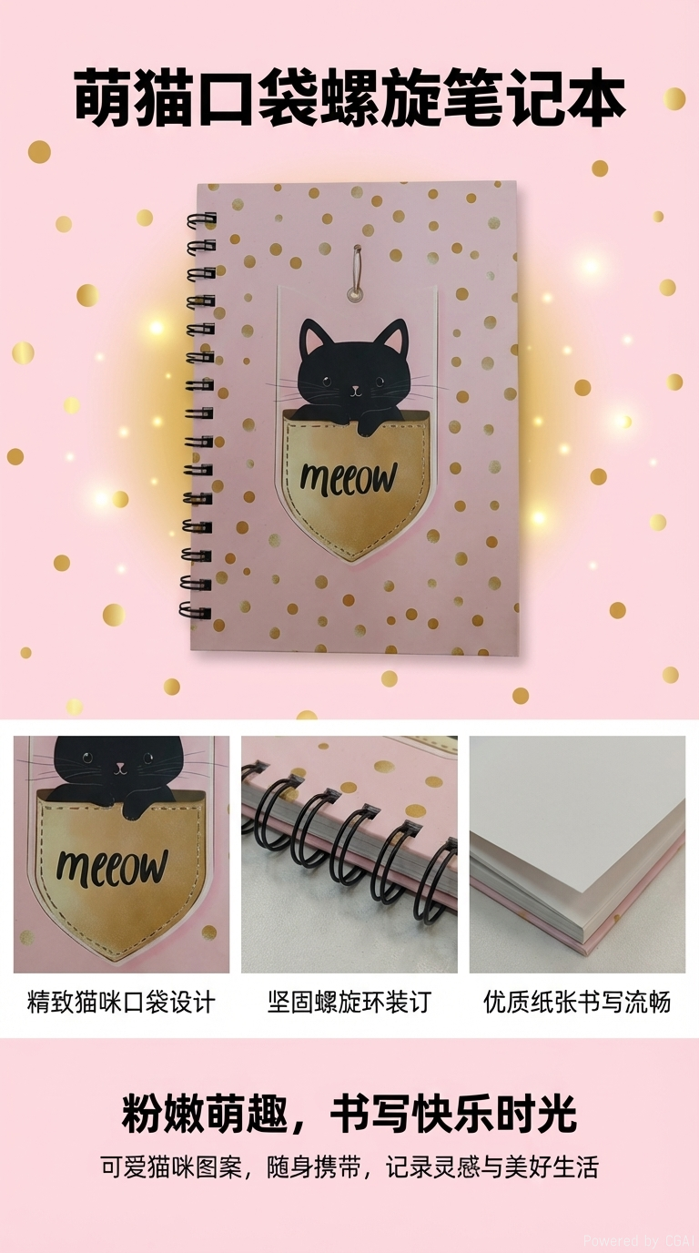 Donghu Paper Products A5 Soft and Cute Black Gold Pocket Black Cat Coil Notebook Pink Gold polka Dot Healing Notepad Student diary Handbook pic 1