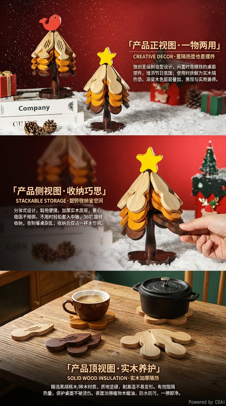 木质圣诞树杯垫，创意设计，节日氛围浓厚，点缀冬日温馨详情2