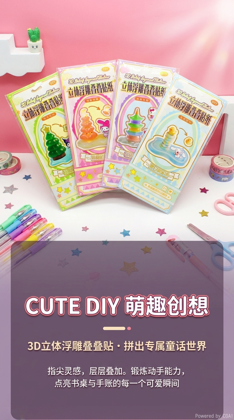 ZC 325 embossed Jenga Stickers 8 cute cartoon stickers that can be reused pic 1