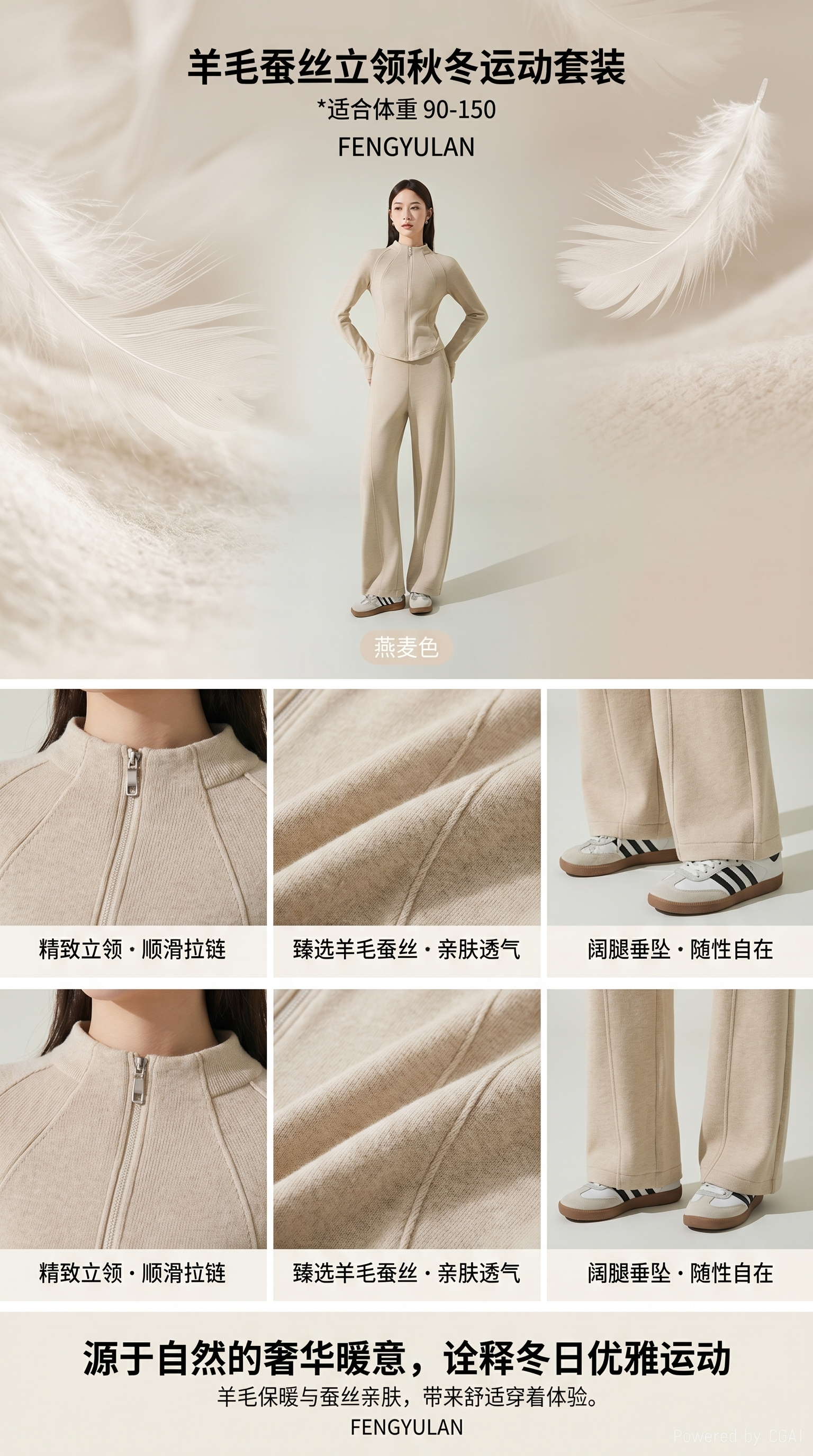 燕麦色羊毛蚕丝立领秋冬运动套装+模特运动休闲套装球服alo瑜伽服摩托车分体雨衣华棉裤子详情1
