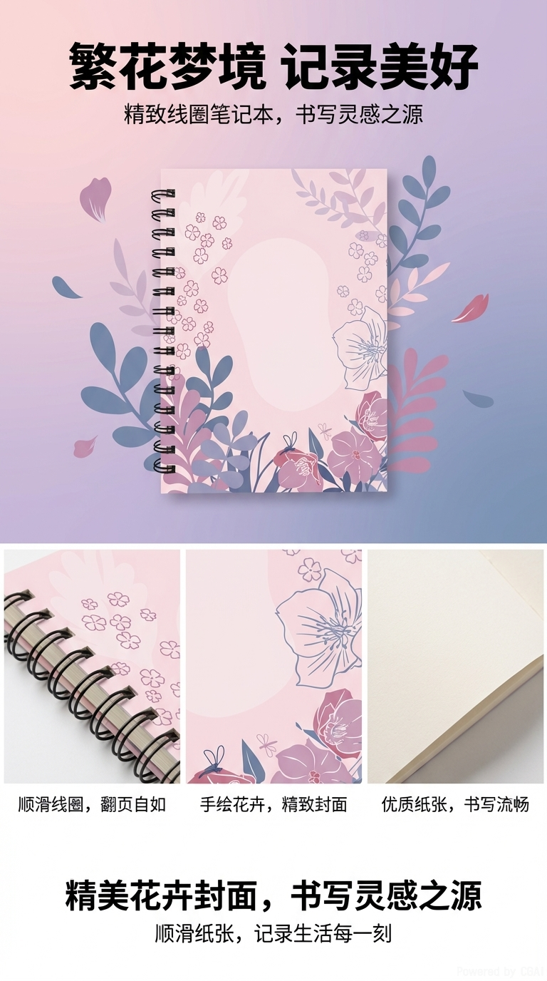东湖纸品 A5 清新花卉线圈本  莫兰迪粉紫植物插画笔记本详情1