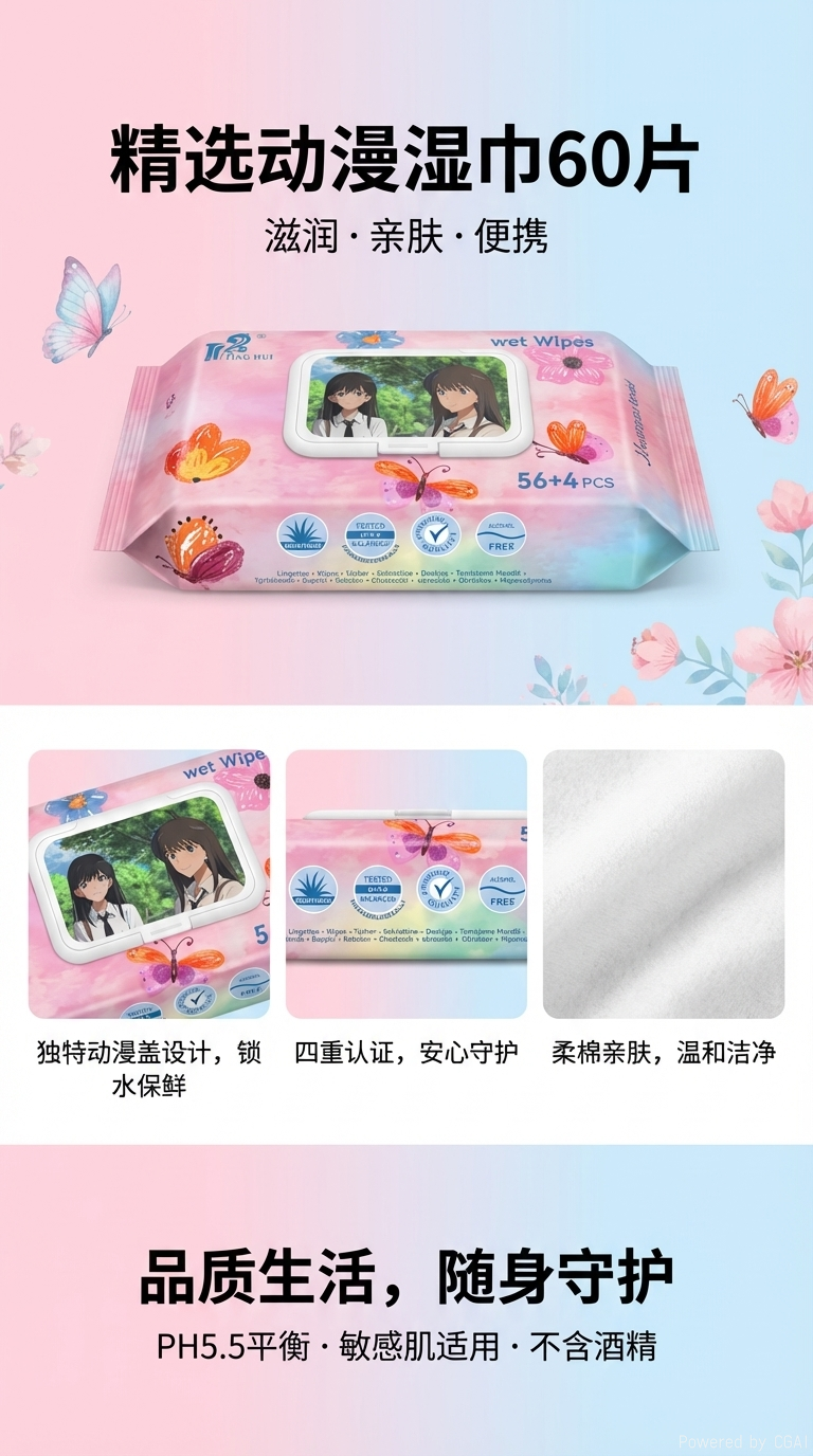 婴儿湿纸巾56+4片便携装清洁去污抑菌，温和无刺激跨境专卖详情1