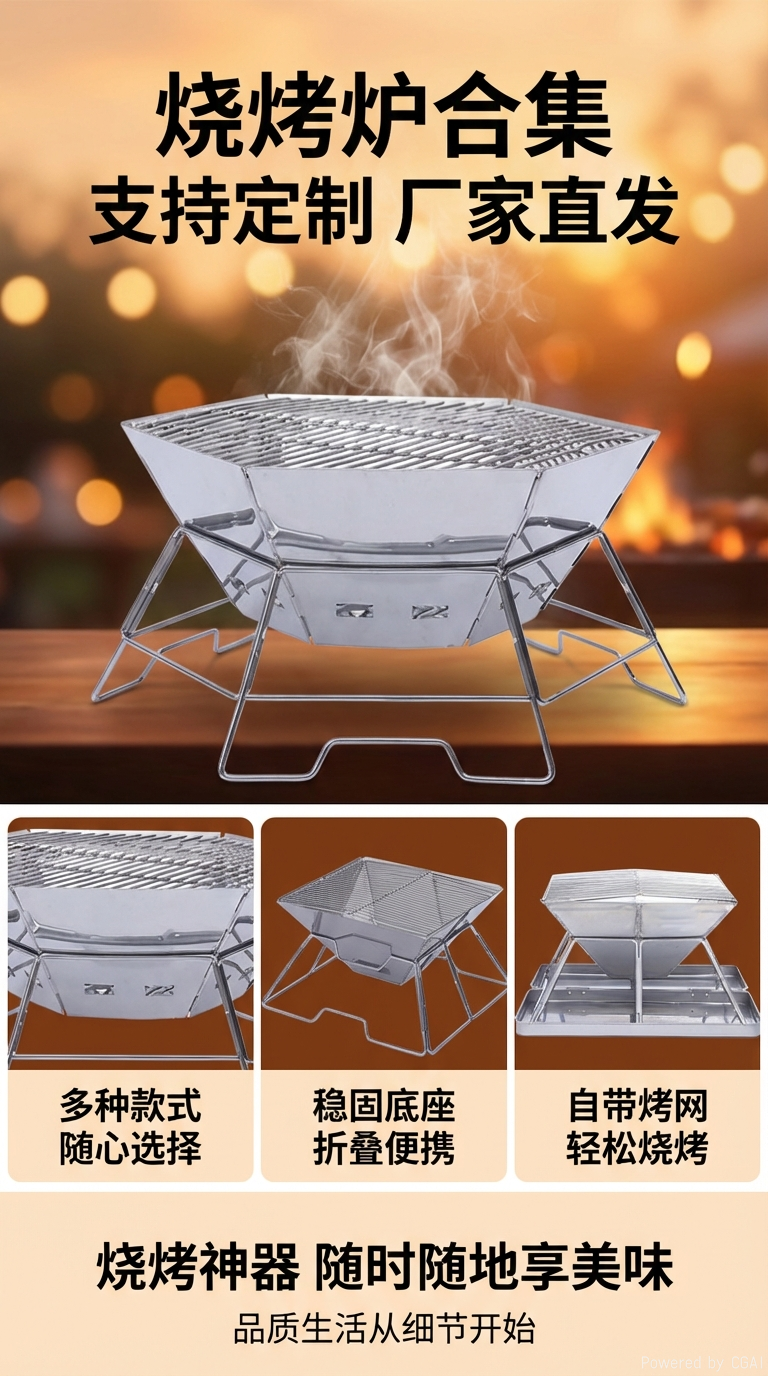 Outdoor stainless steel folding barbecue grill, portable wood-burning stove, barbecue rack, charcoal stove and burning platform pic 1