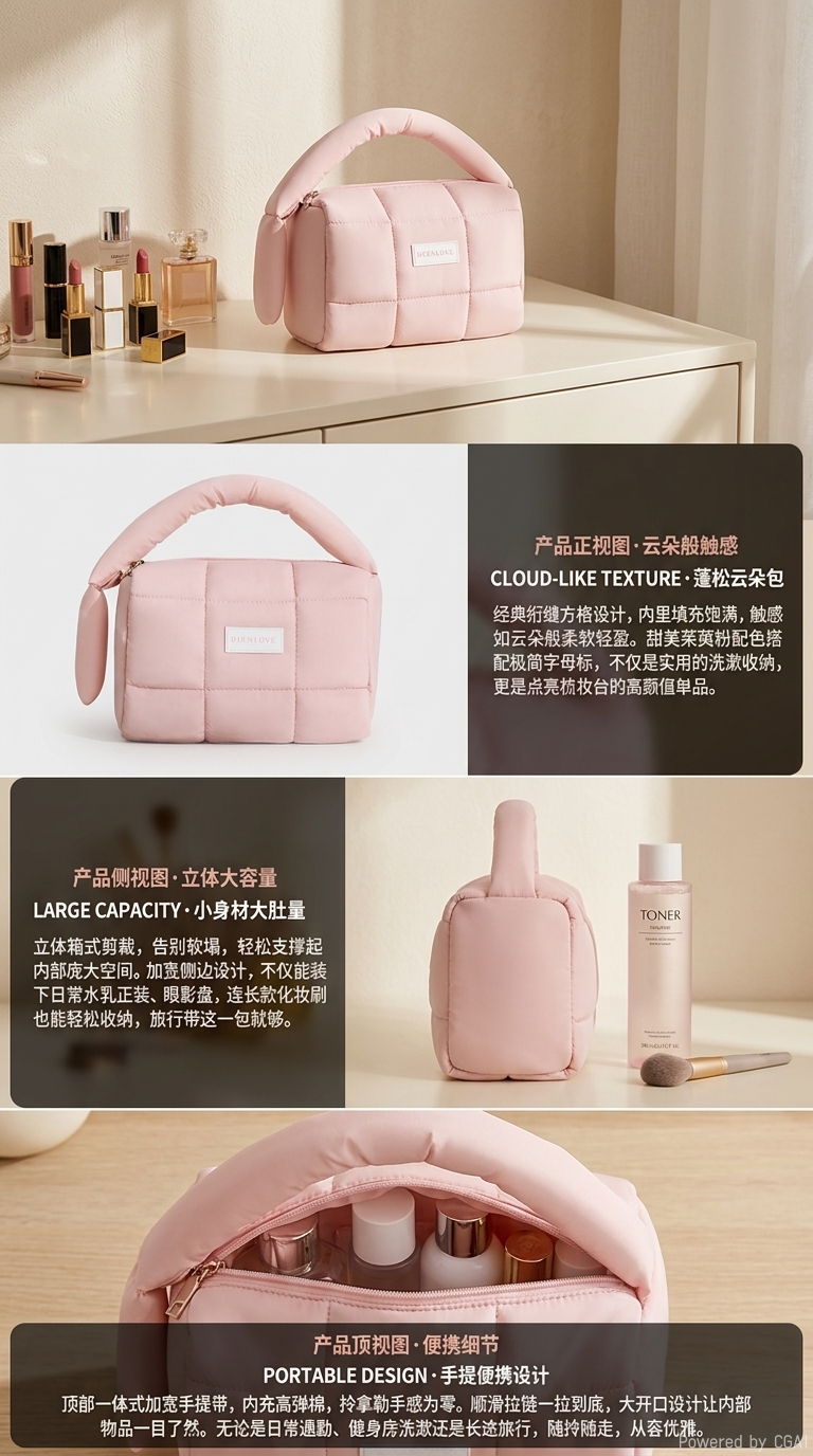 爱迪华泡芙手提包马克龙糖果色充棉化妆收纳包逛街吃饭手提化妆包大容量详情2