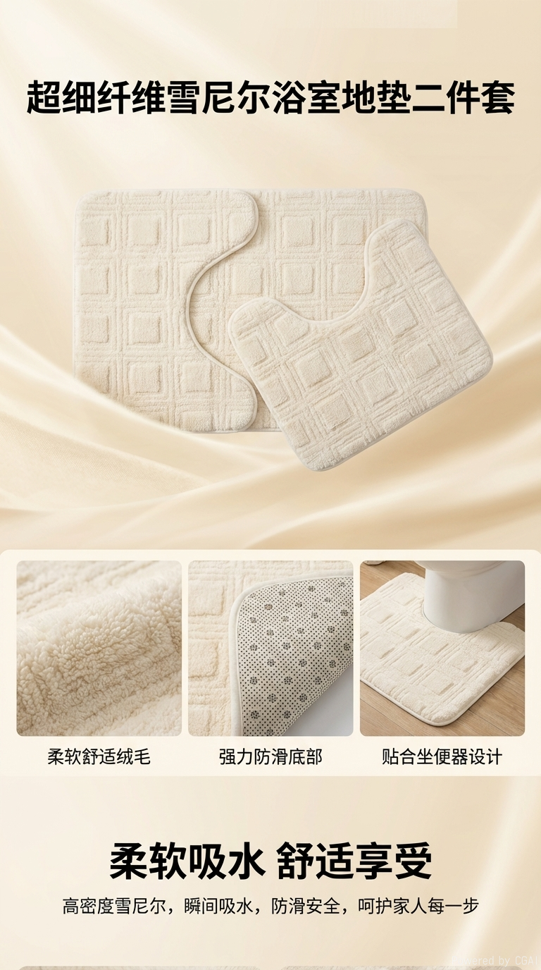 White bathroom combination floor mat set, anti-slip, absorbent, soft, silent, comfortable underfoot toilet mat set, carpet floor mat set pic 1
