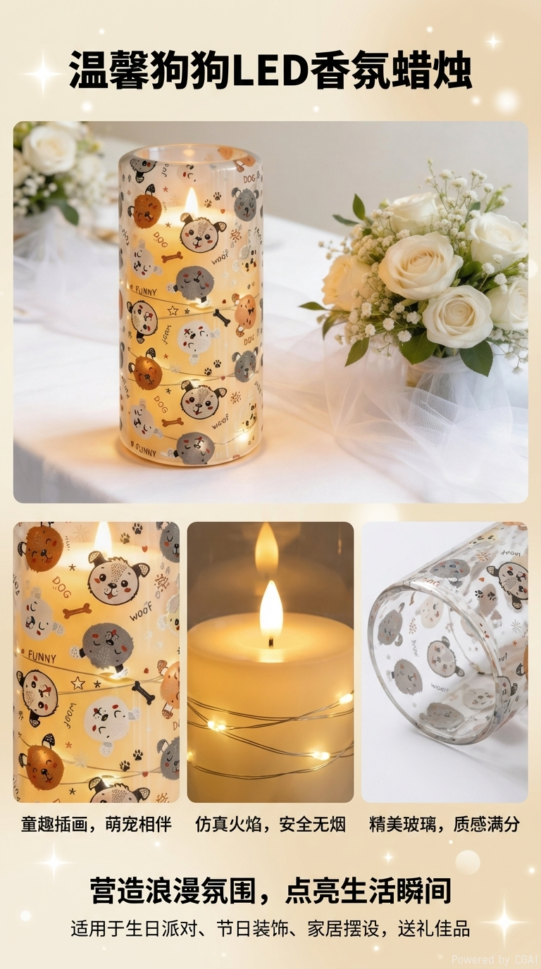 New UV-printed Happy Puppy transparent pattern luminous decorative candle 7.5 electronic candle factory direct sales pic 1