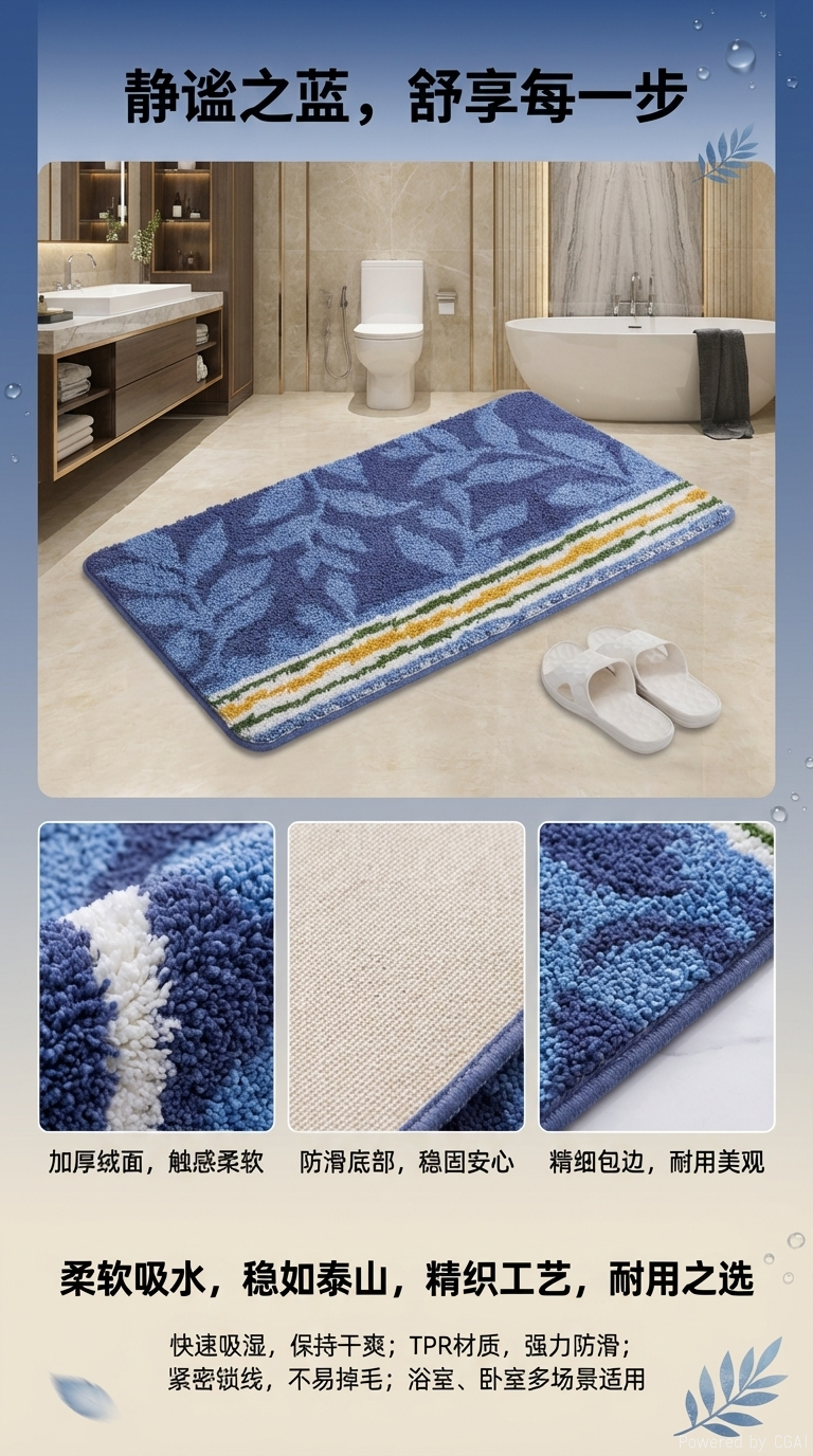 簇绒超纤印花浴室垫跨境新款爆款吸水柔软瑞宝地毯浴缸垫地毯详情1
