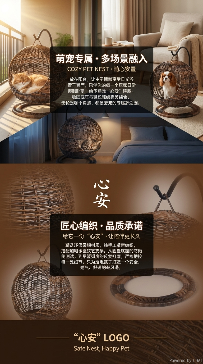 网红款半封闭式宠物吊床 猫窝猫笼圆形猫吊猫床篮 藤编夏季猫吊床详情1