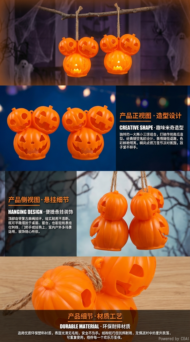 新款万圣节三头南瓜灯节日派对小南瓜灯装饰摆件详情2