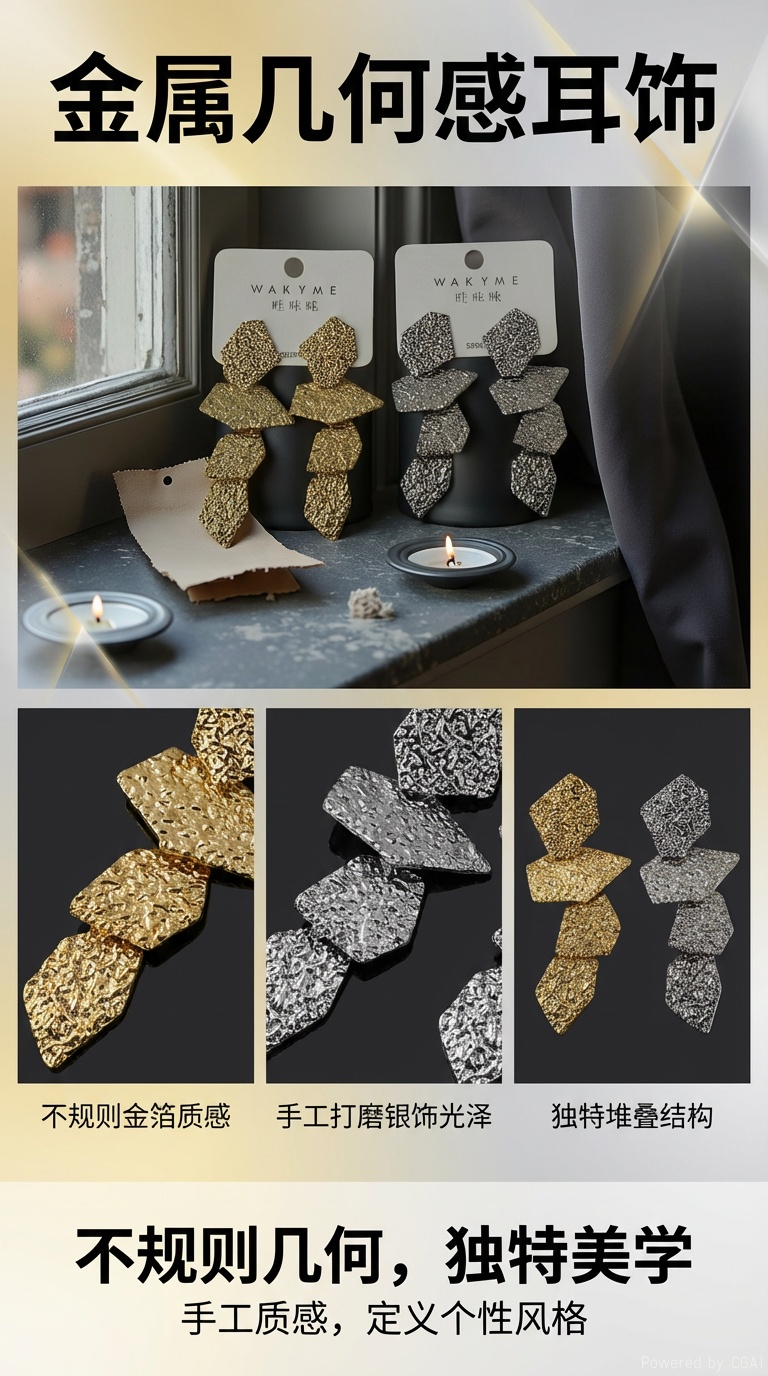 哇咔咪新款几何耳环，金色与银色碰撞，窗边烛光映衬，时尚与艺术完美融合。详情1