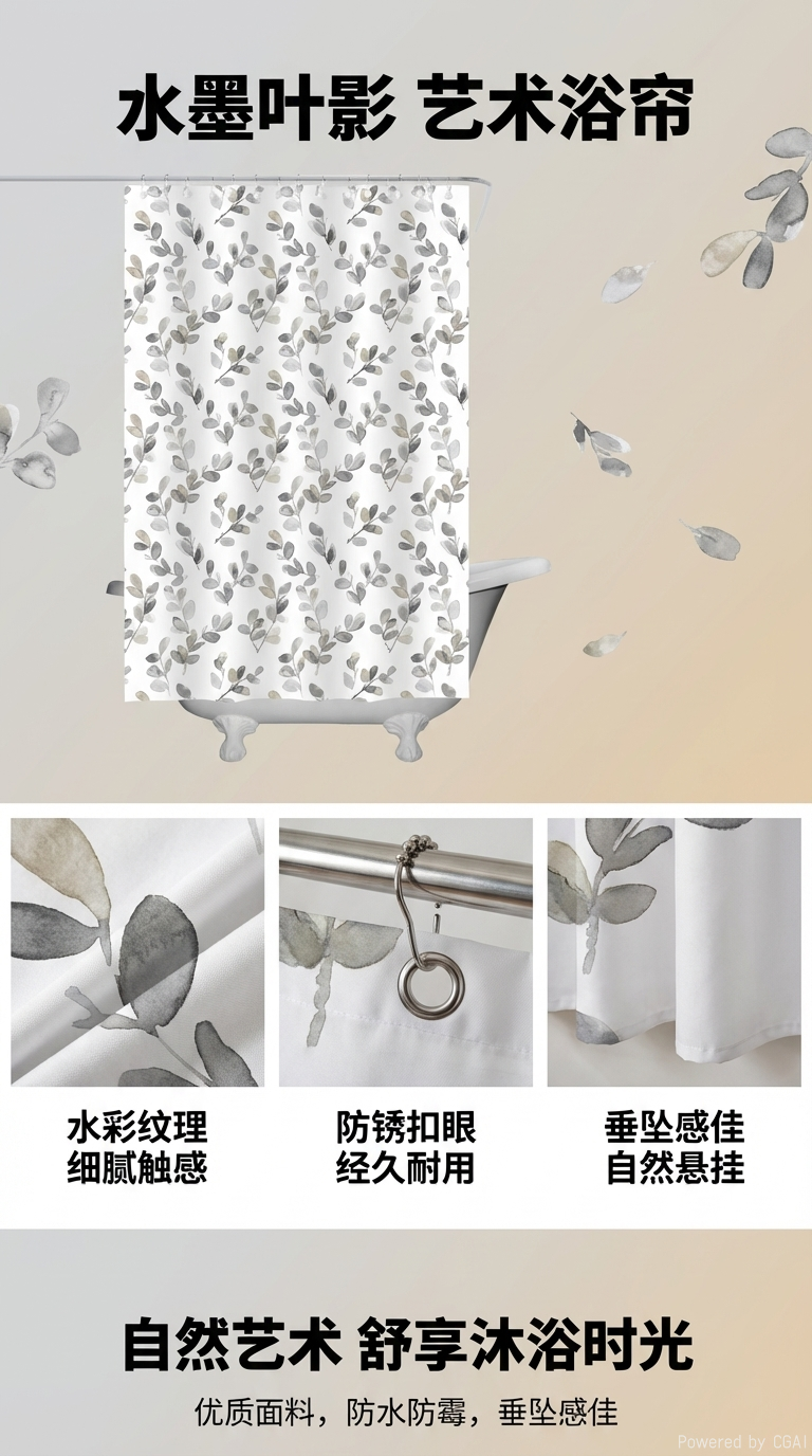 六款布艺浴帘包装好蓝色圆形粉色水滴黑白叶子彩色花朵蓝色浪花黄绿条纹防水隔断帘141441017详情1