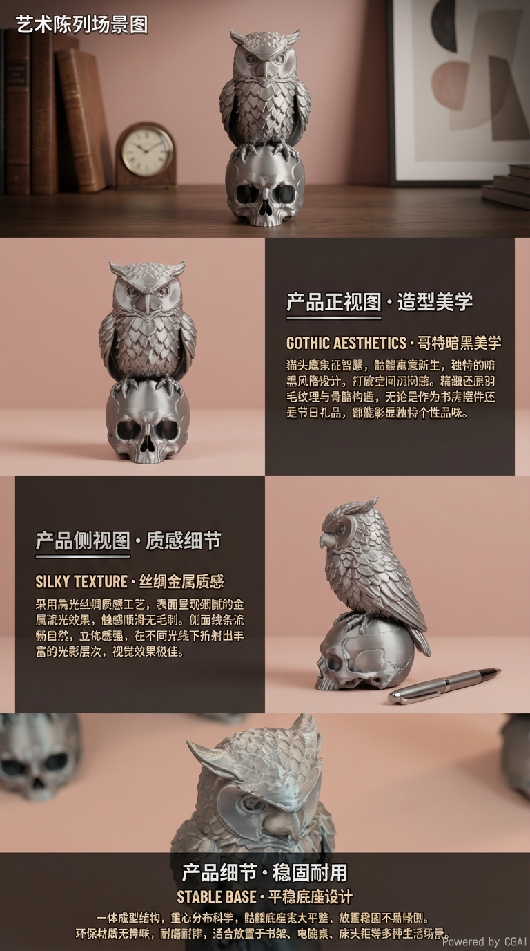 复古猫头鹰骷髅头雕塑黄铜元宝烛台财库符3D打印摆件工艺品详情2