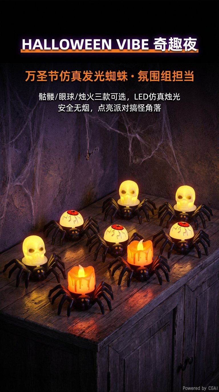 万圣节蜘蛛蜡烛LED灯蜘蛛鬼头眼球小夜灯鬼屋派对装饰摆件详情1
