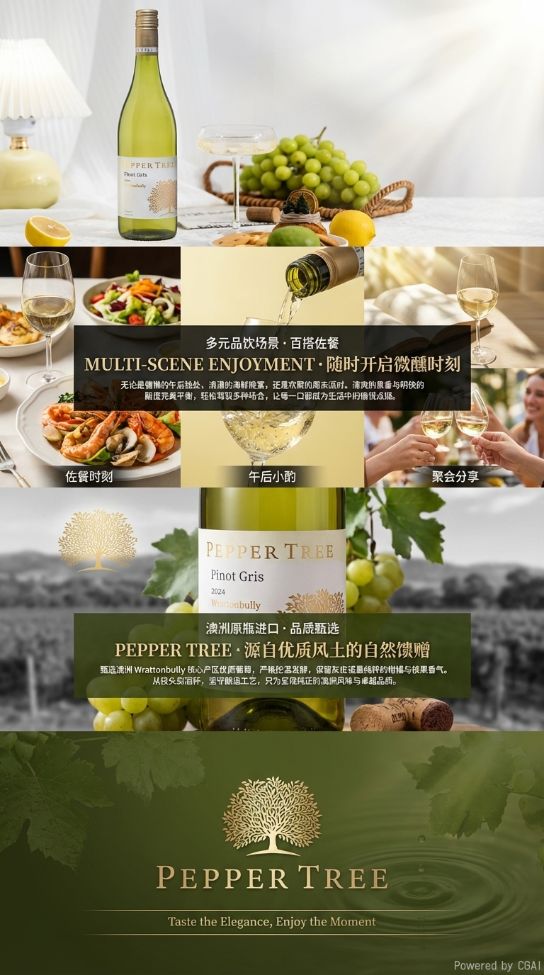 澳大利亚拉顿布里产区胡椒树庄园的灰品诺干白葡萄酒，果味浓郁、口感平衡、略带香料味、回味悠长。详情3