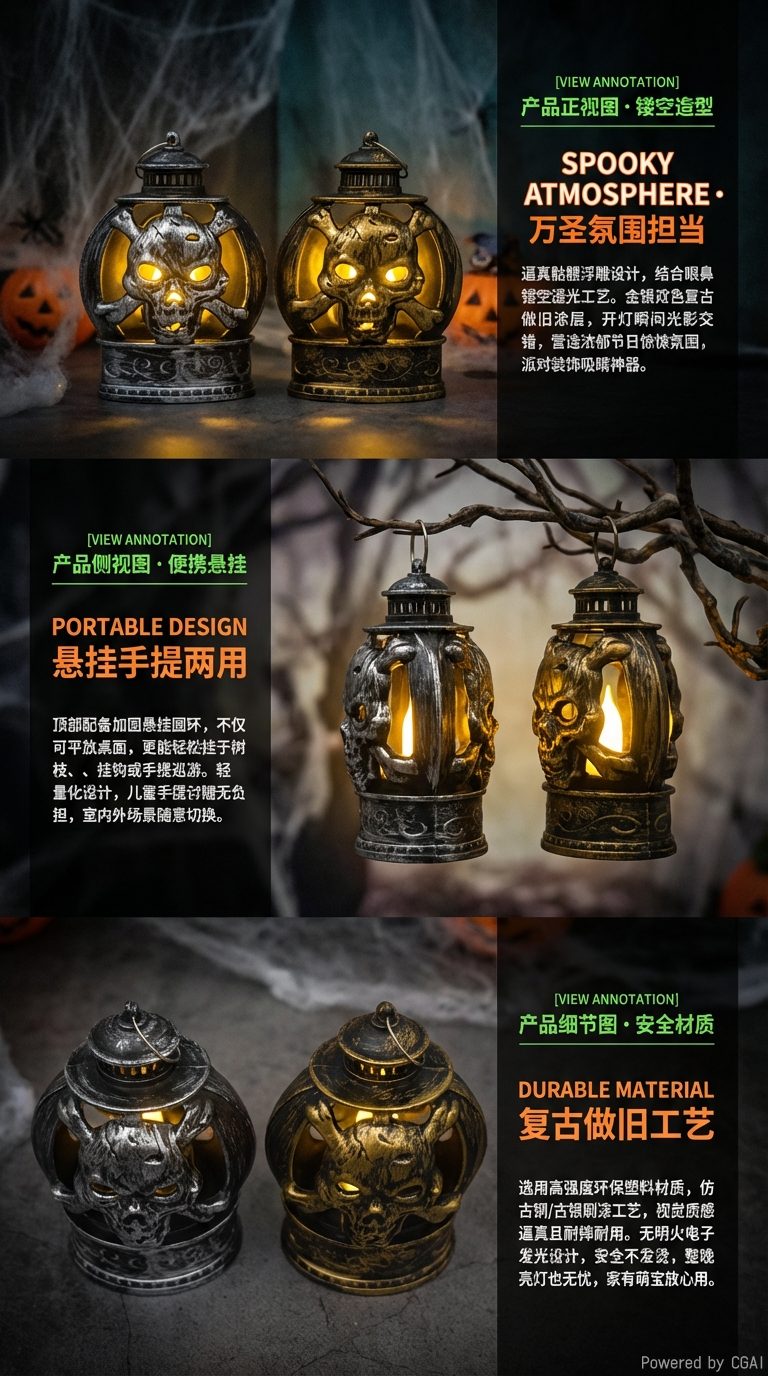 万圣节仿古做旧发光南瓜骷髅扁灯摆件场景氛围布置详情2