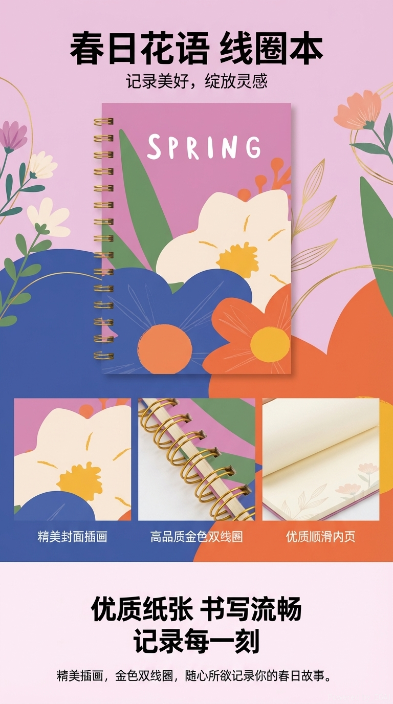 Donghu Paper Products A5 SPRING Purple background contrasting color Floral Coil Notebook High Appearance Level Portable Notebook for students pic 1