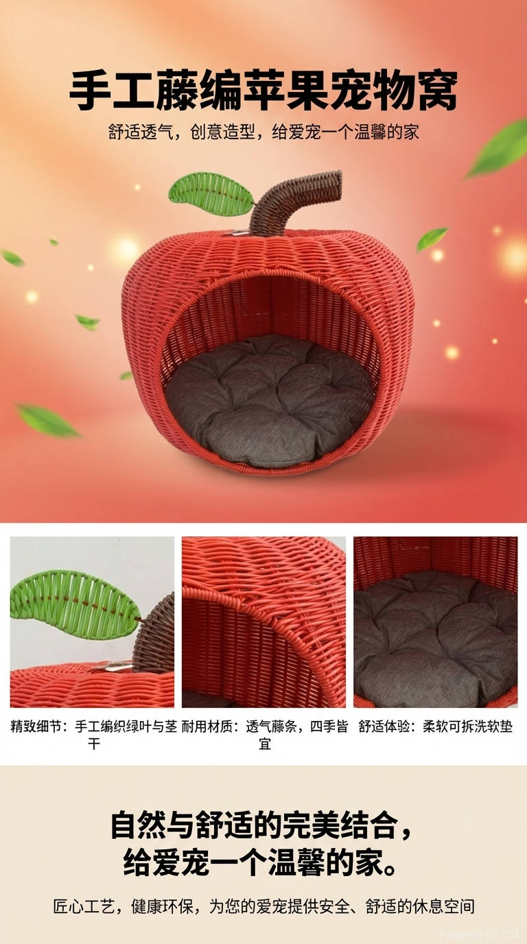 仿藤编织红色苹果造型编织宠物窝猫爬架猫别墅宠物用品猫窝宠物猫猫爬架猫床狗床详情1