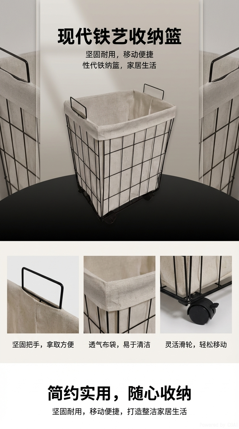 可拆装脏衣篮黑色收纳篮金属框架收纳篮置物篮脏衣篓收纳筐收纳盒外贸跨境批发详情1
