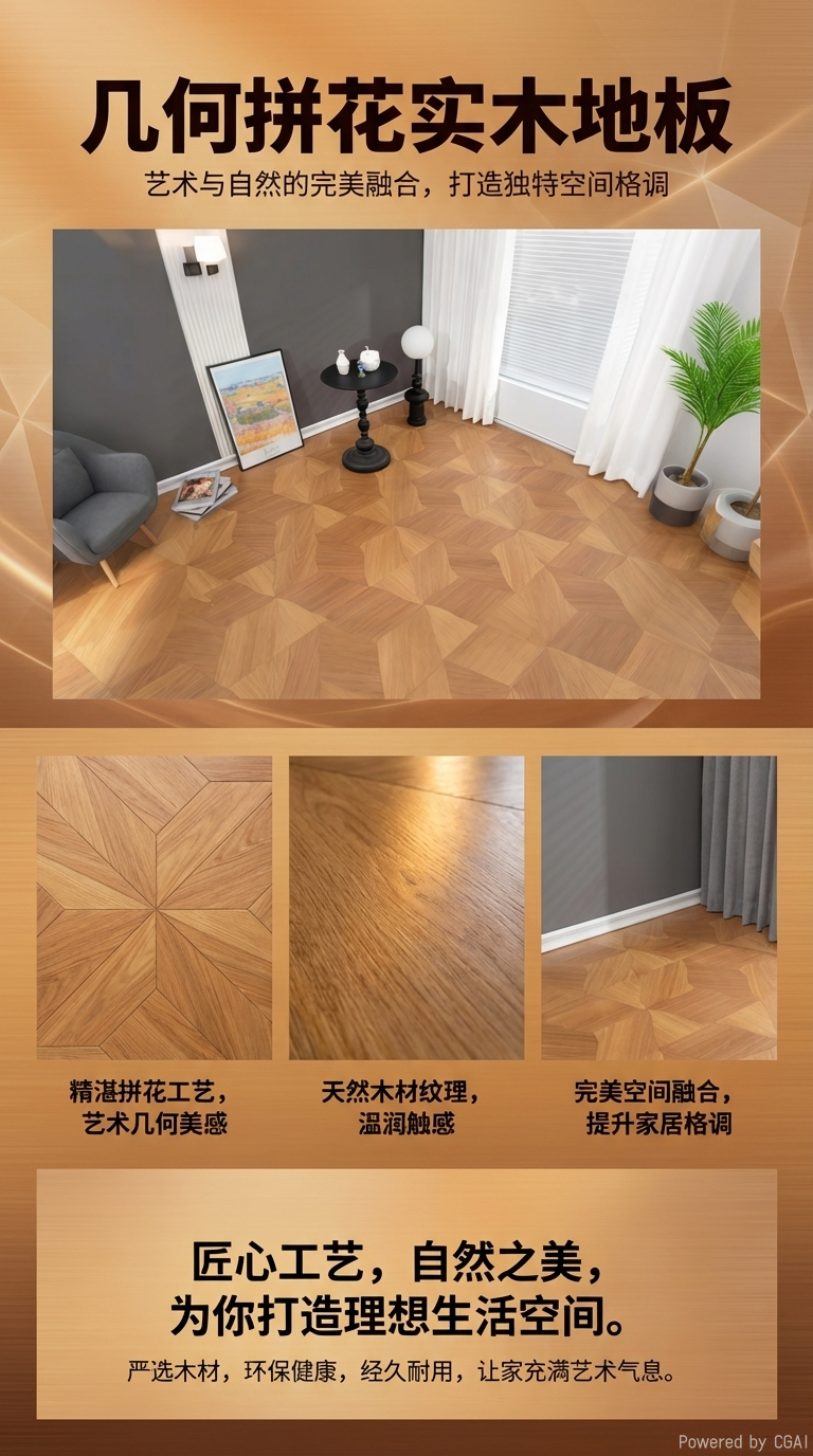 木质荷叶拼地板 122cmx40.6cm 耐磨客厅地砖装修材料强化复合木地板详情1