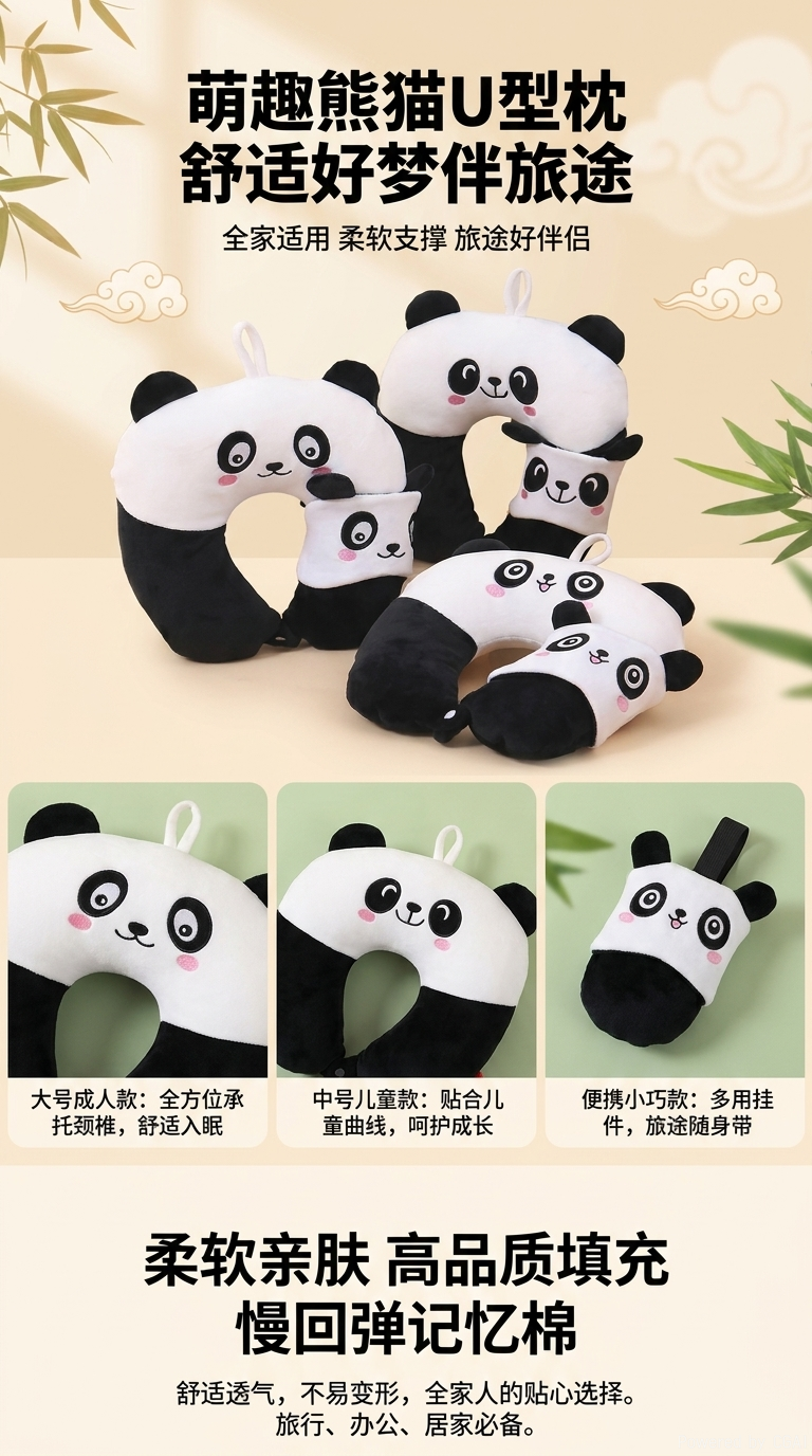 卡通熊猫U型枕创意颈椎护颈枕可变形抱枕便携家用旅行U型枕详情1