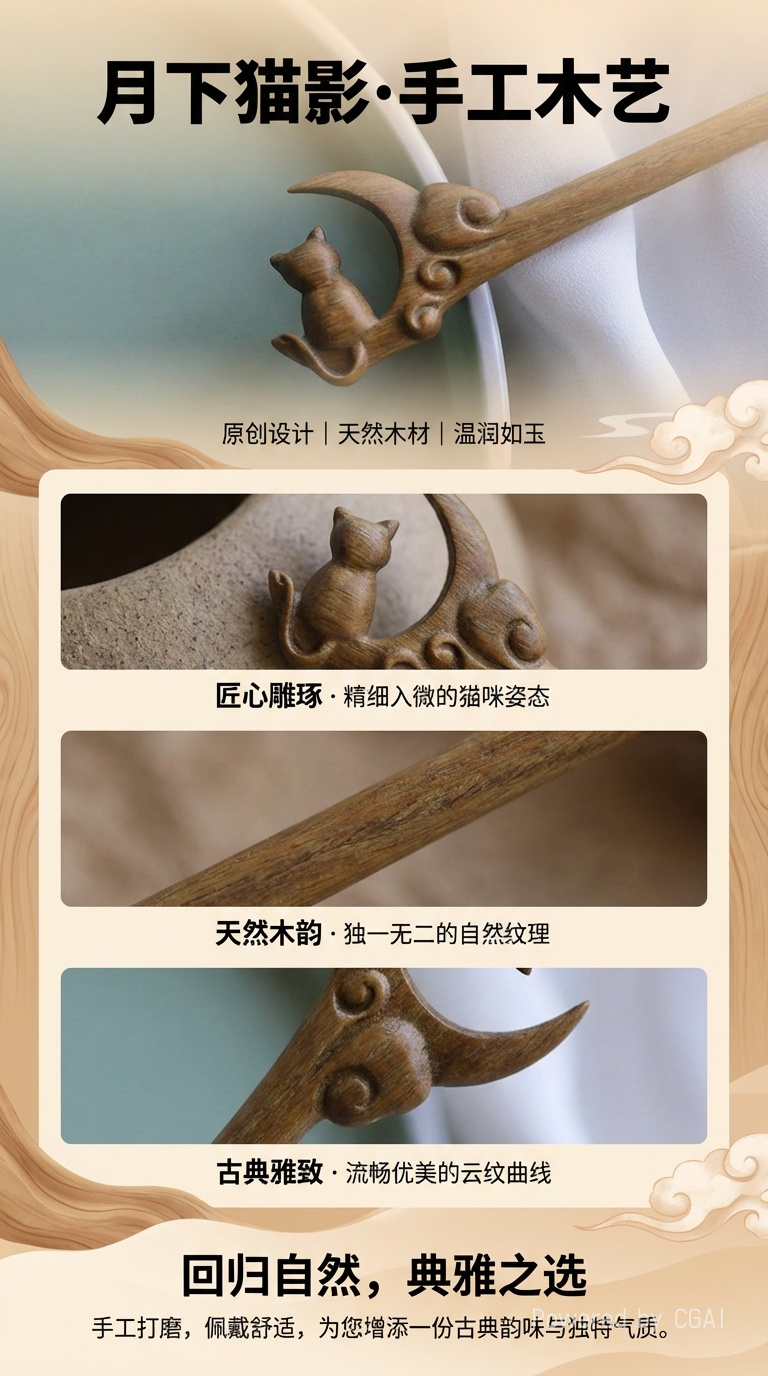 Moon-gazing cat, sandalwood fox cat sitting on the moon, ancient-style hairpin, updo, classical wooden hairpin, Chinese style pic 1