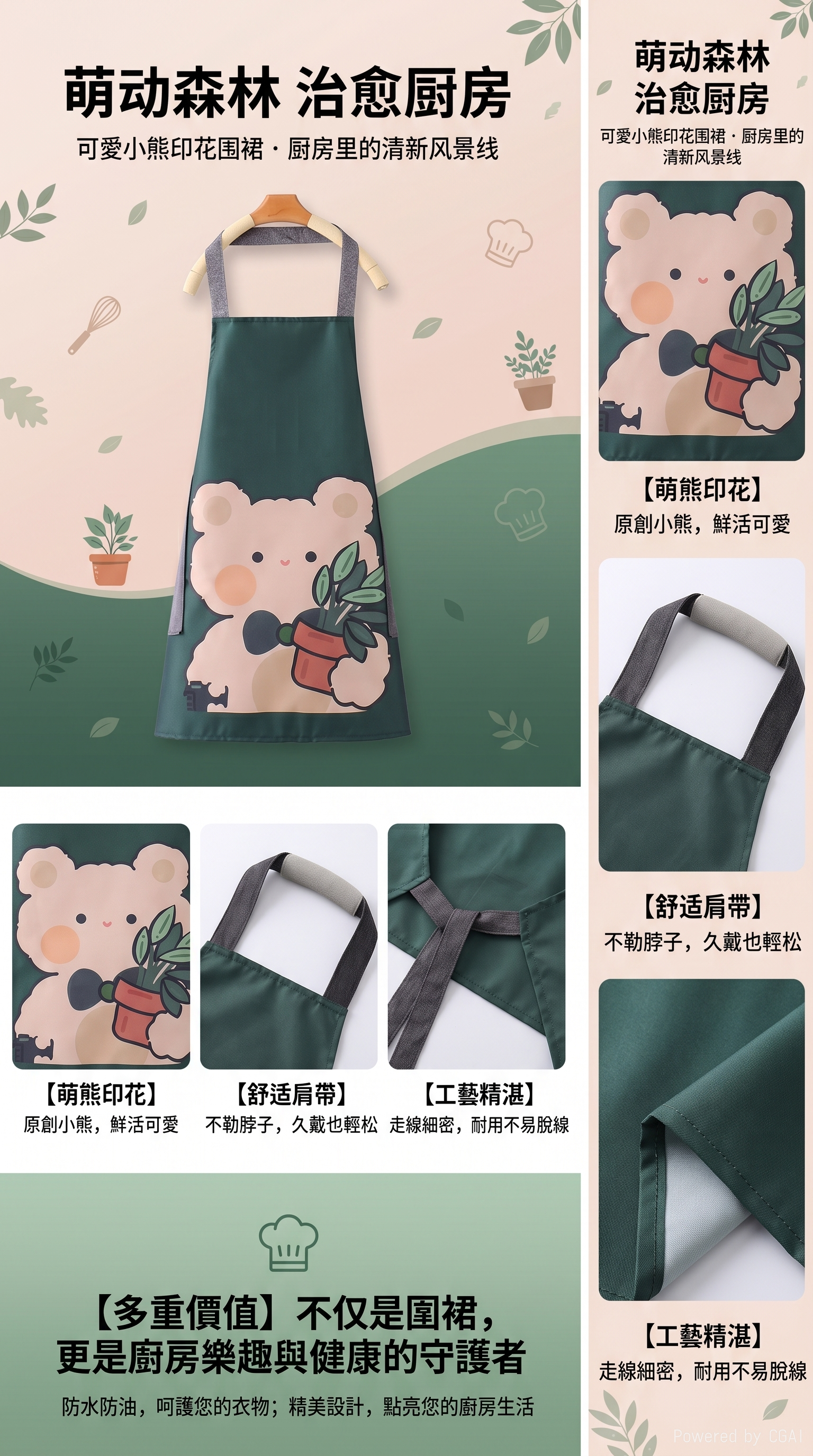 小清新时尚卡通小熊围裙家用厨房防水防油做饭可爱可擦手挂脖围腰142900170详情1