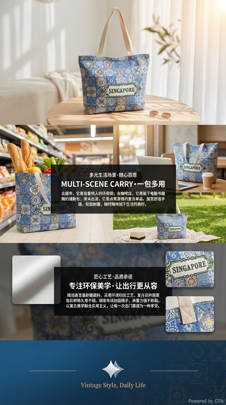 折叠包蓝色花纹图案手提电脑包托特包爱心包包托特包详情3