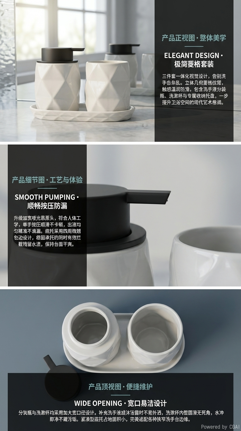 SHARONHOME多色菱格纹陶瓷卫浴三件套 带托盘洗手液瓶 + 漱口杯 现代风浴室洗漱套装详情2